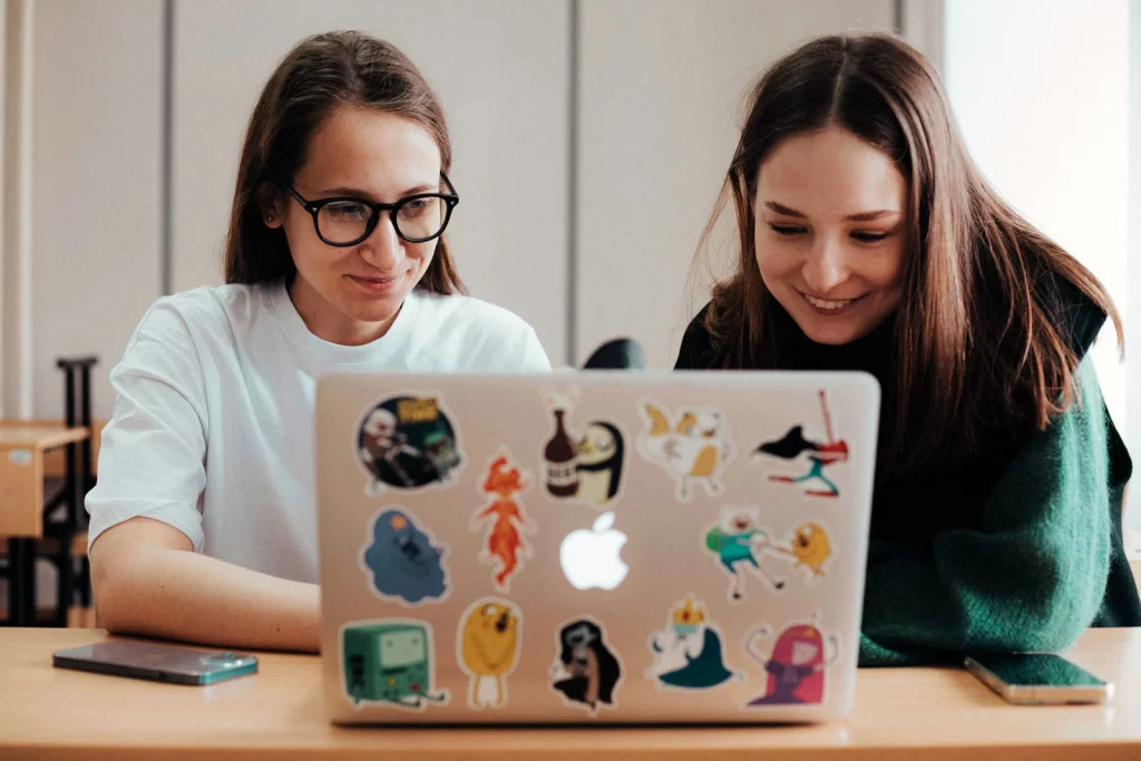College students collaborating with video