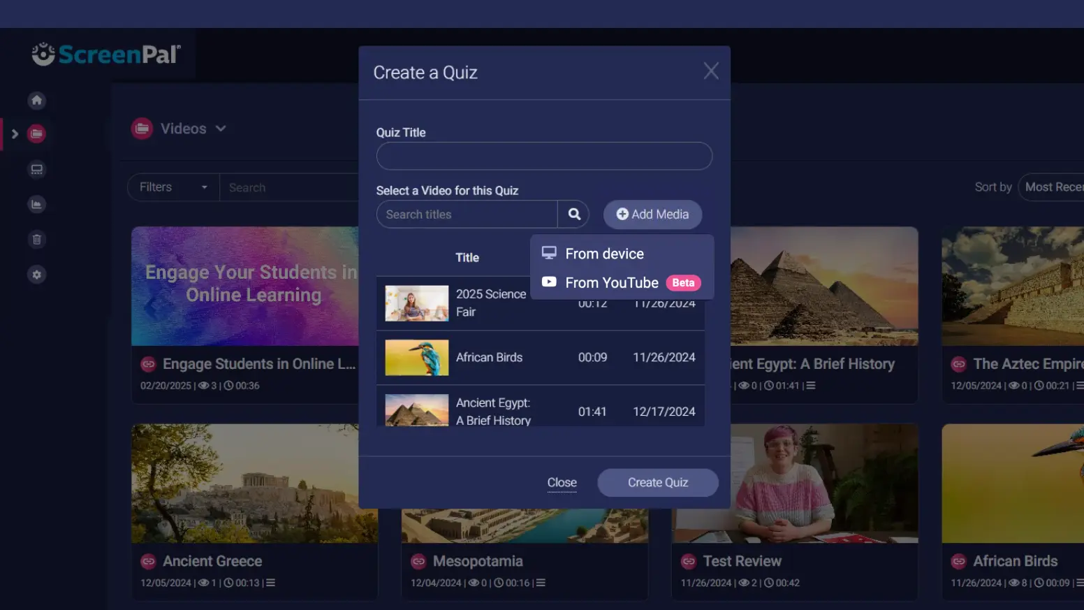 Create a quiz from a YouTube video from within your ScreenPal hosting account.