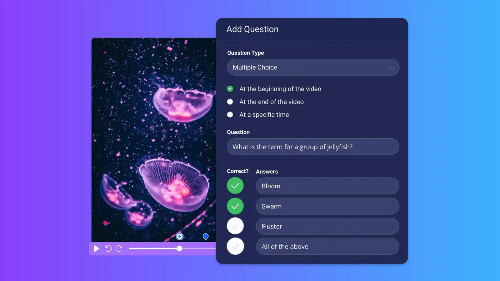 add multiple choice questions to a video quiz