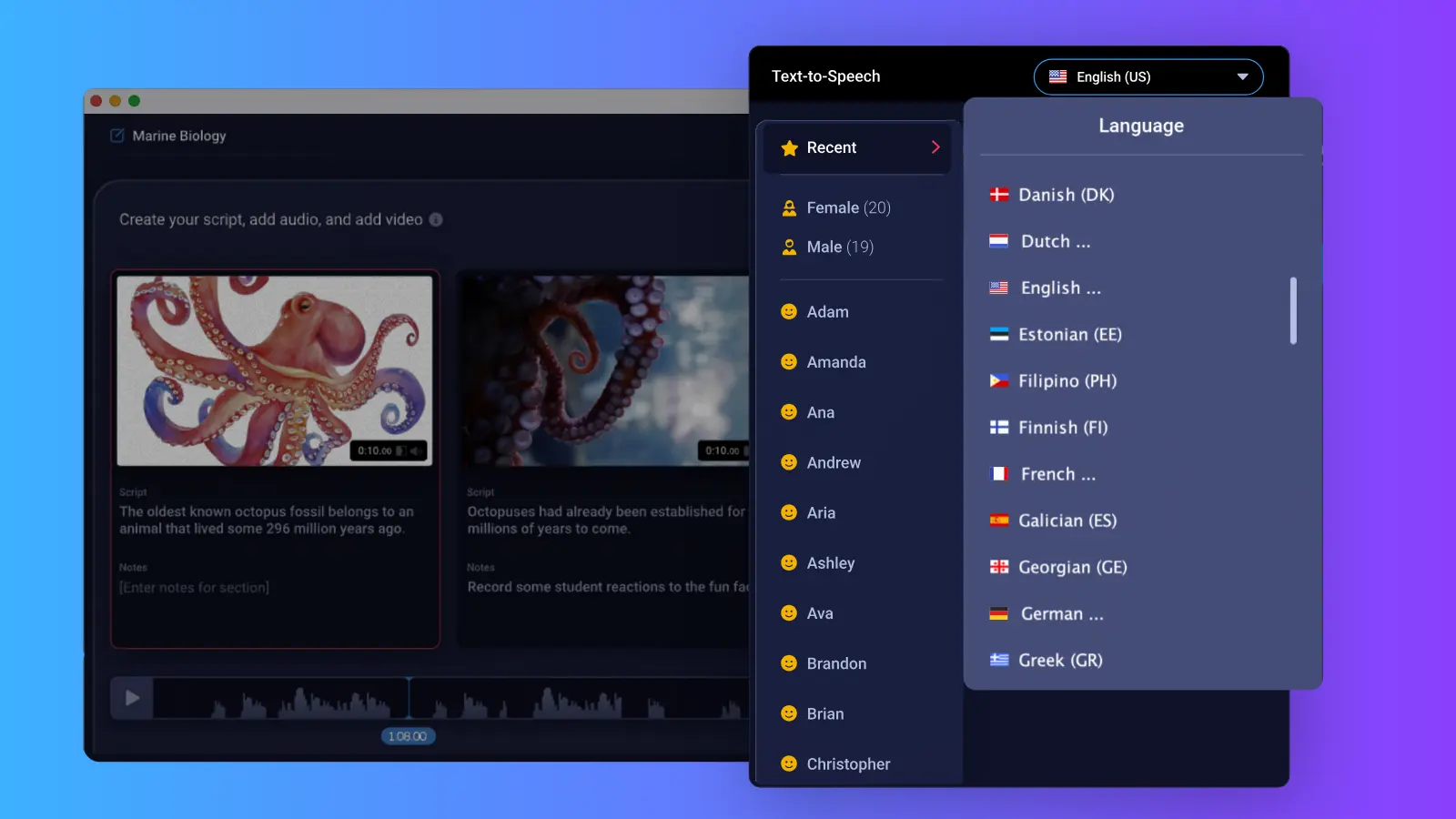 choose from AI voice overs in over 100 languages