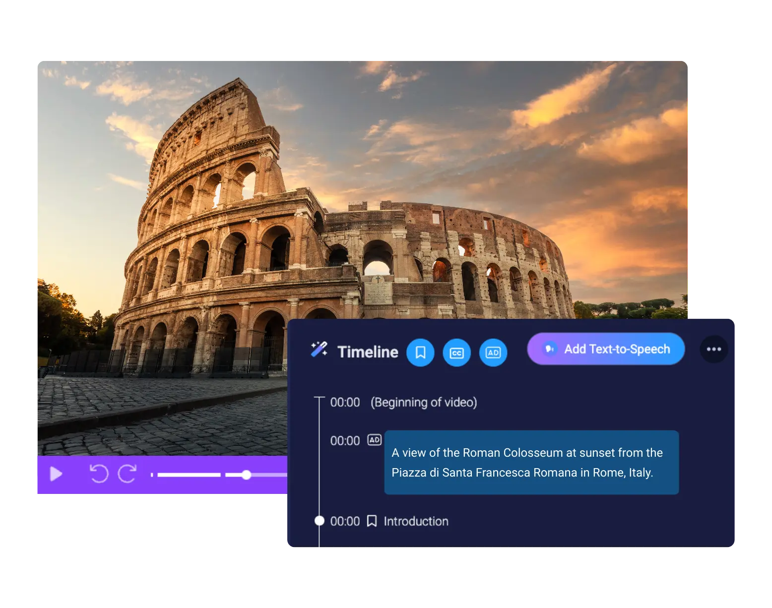 A ScreenPal video showing the video timeline and AI-generated, editable audio description.
