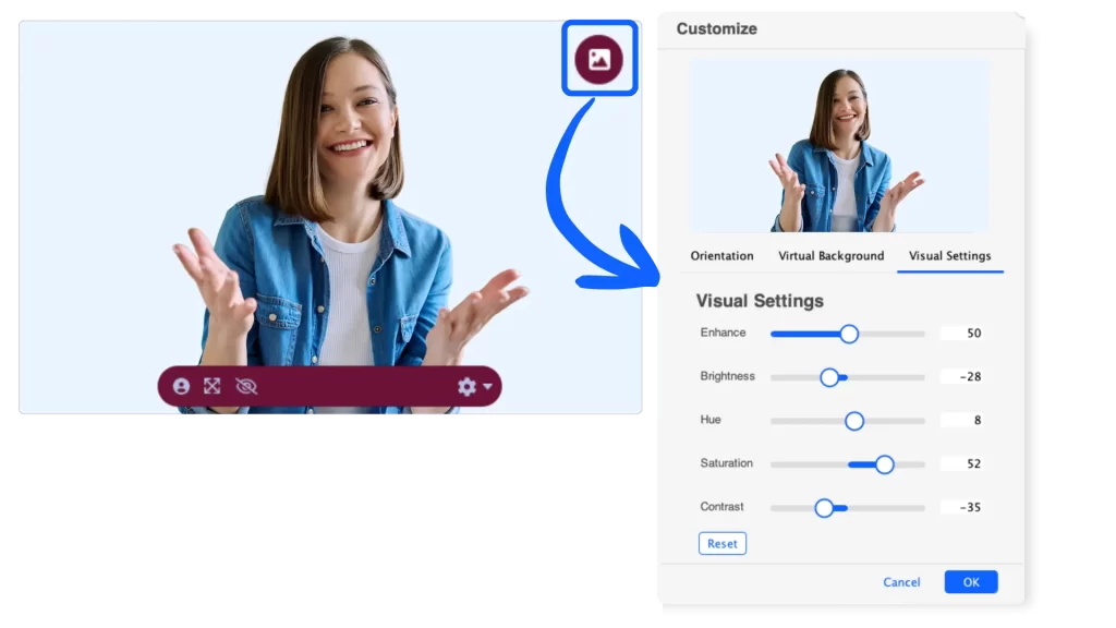 Use the visual settings sliders to customize video color and lighting