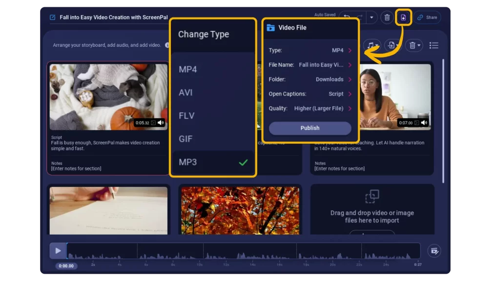 Choose MP3 as your video file publish type when saving your video to your device