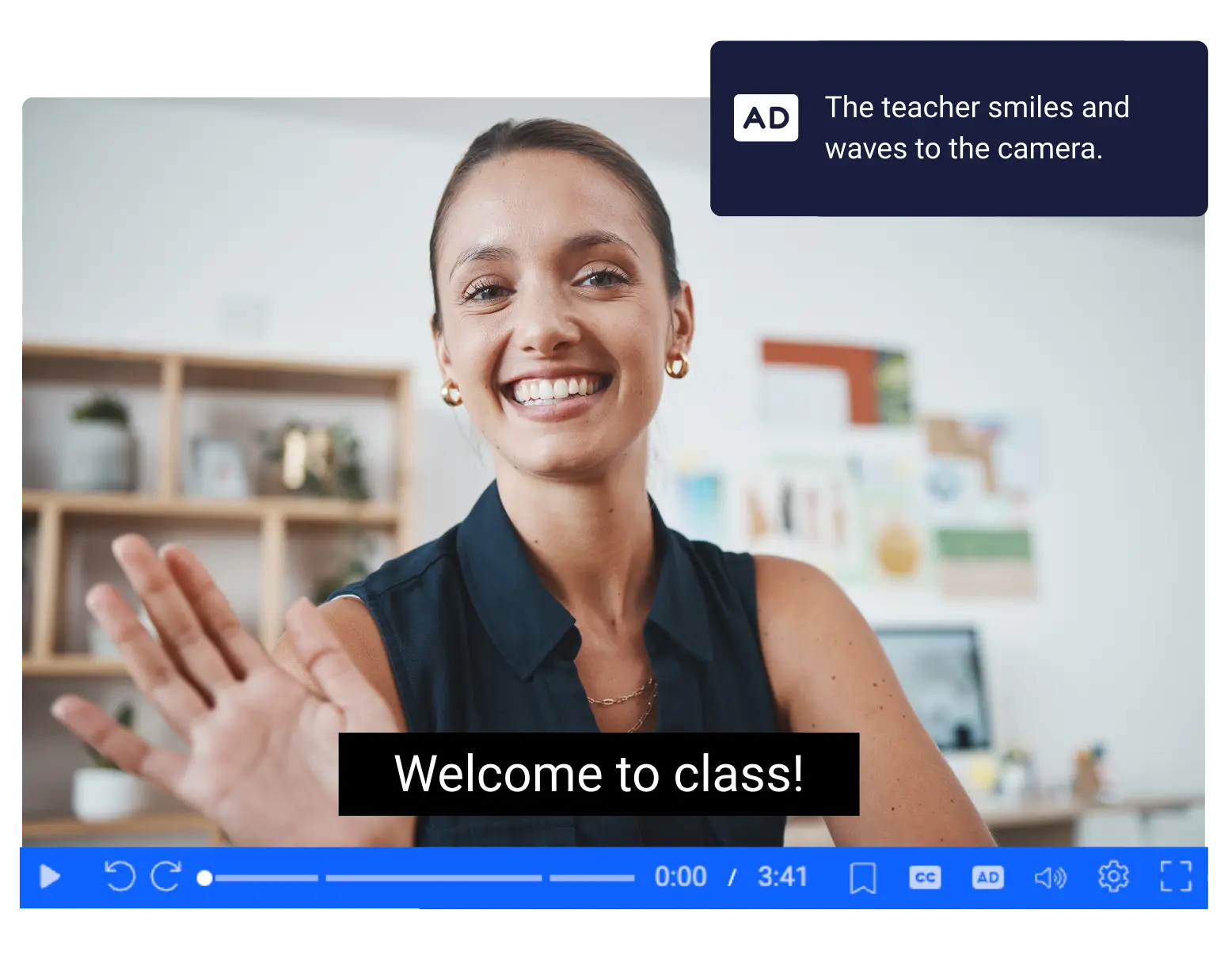 An educator waves to the camera in a video lesson. The ScreenPal accessible video player displays captions and audio descriptions for the video.