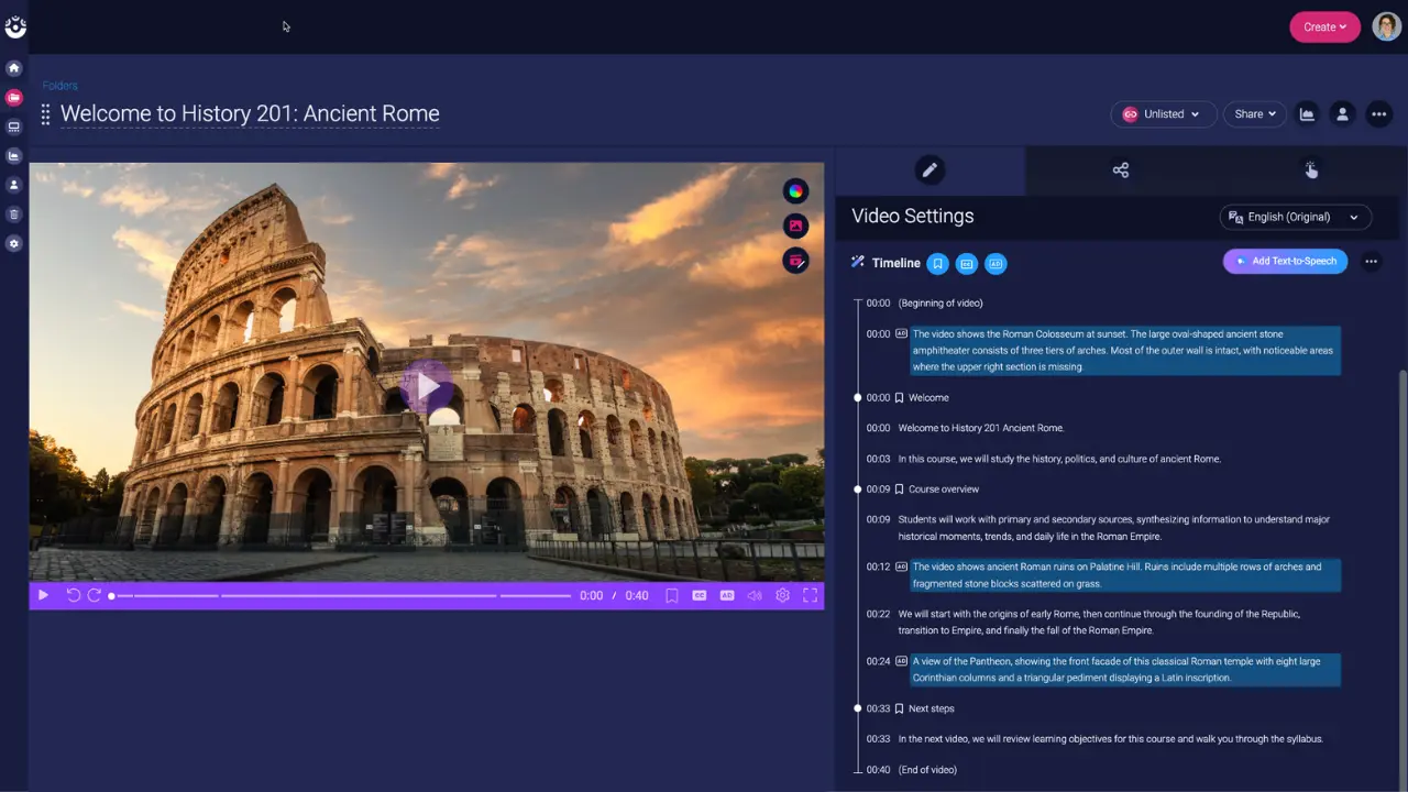 ScreenPal online video details page, showing AI-generated, editable audio descriptions on the video timeline.