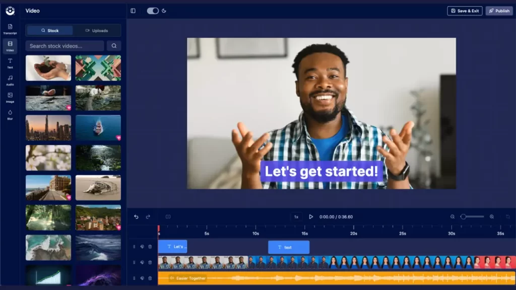 online video editor showing text, videos, and music on the timeline
