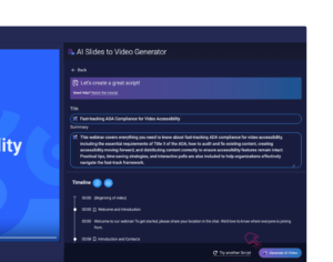 ScreenPal AI slides to video generator showing generated script, summary, and timeline for converting slides to video with option to generate AI video.