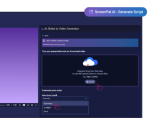 ScreenPal AI slides to video generator interface showing file upload area and script style options (summary, in-depth, as-is) for converting slides to video.