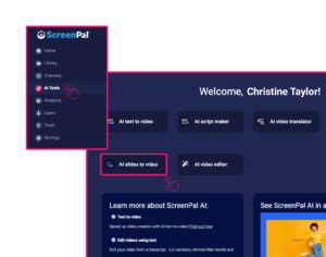 ScreenPal dashboard showing AI Tools menu with “AI slides to video” feature selected, highlighting how to convert slides to video within the platform.