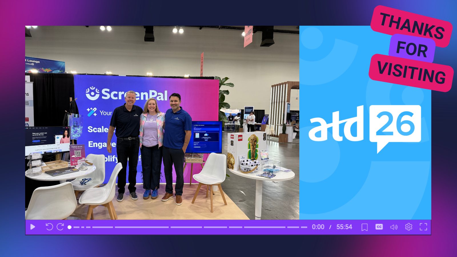 Newsletter graphic highlighting ScreenPal's presence at ATD26. The image shows three ScreenPal team members standing in front of the ScreenPal trade show booth at the ATD International Conference & Exposition. The booth features branded displays, giveaway items, and attendee engagement materials, with a large ATD26 logo and "Thanks for Visiting" message displayed alongside the event photo.