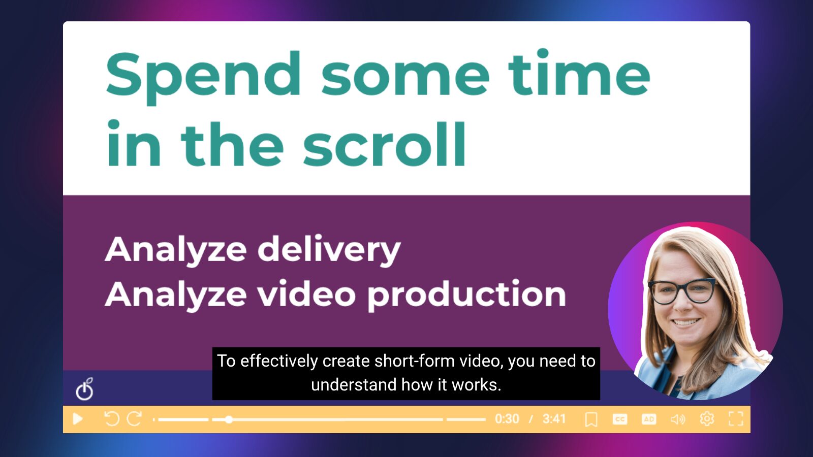 Short-form video slide featuring educator Lindy Hockenbary with tips to analyze delivery and video production to better understand engaging content in the scroll.