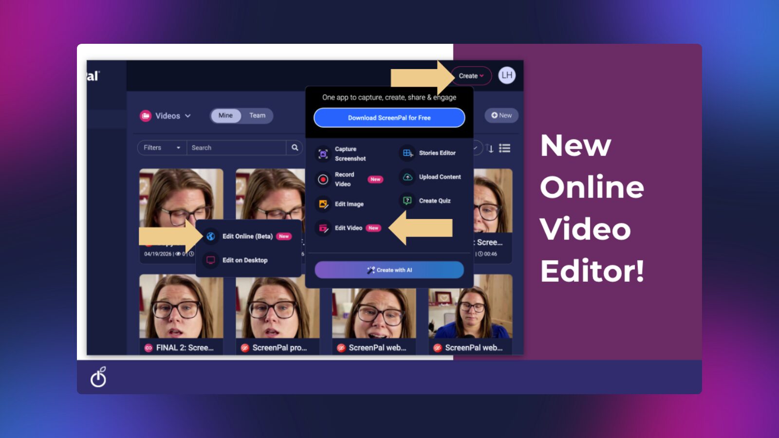 Screenshot of ScreenPal’s online video editor interface showing tools for creating and editing short-form video content with easy editing options and AI features.