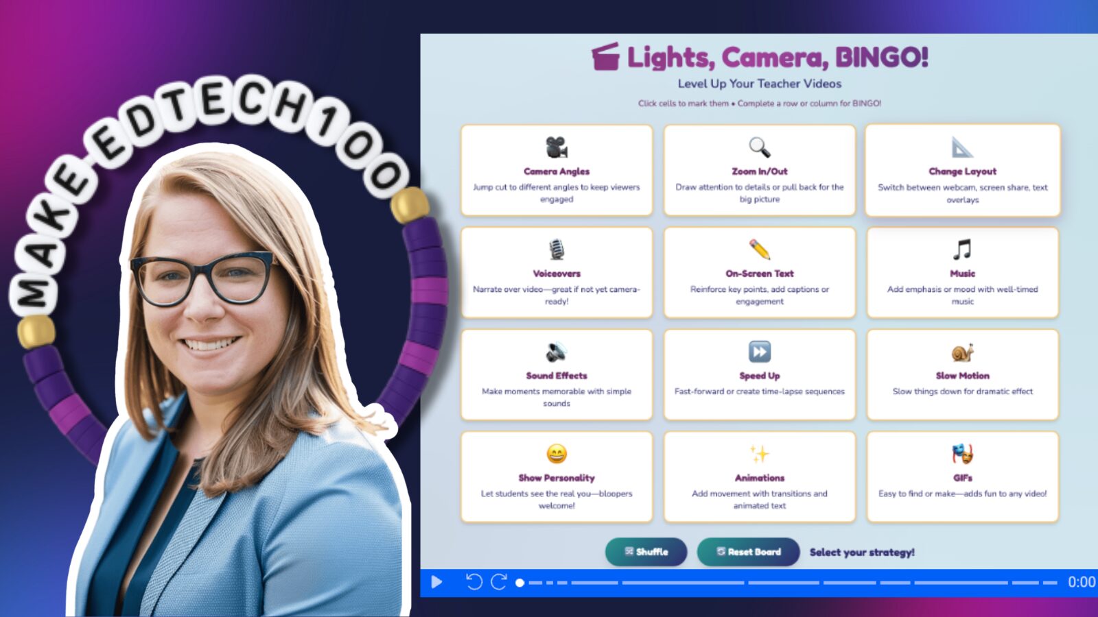 Short-form video training graphic featuring educator Lindy Hockenbary alongside a “Lights, Camera, BINGO!” board with creative teacher video ideas like camera angles, music, animations, and GIFs.