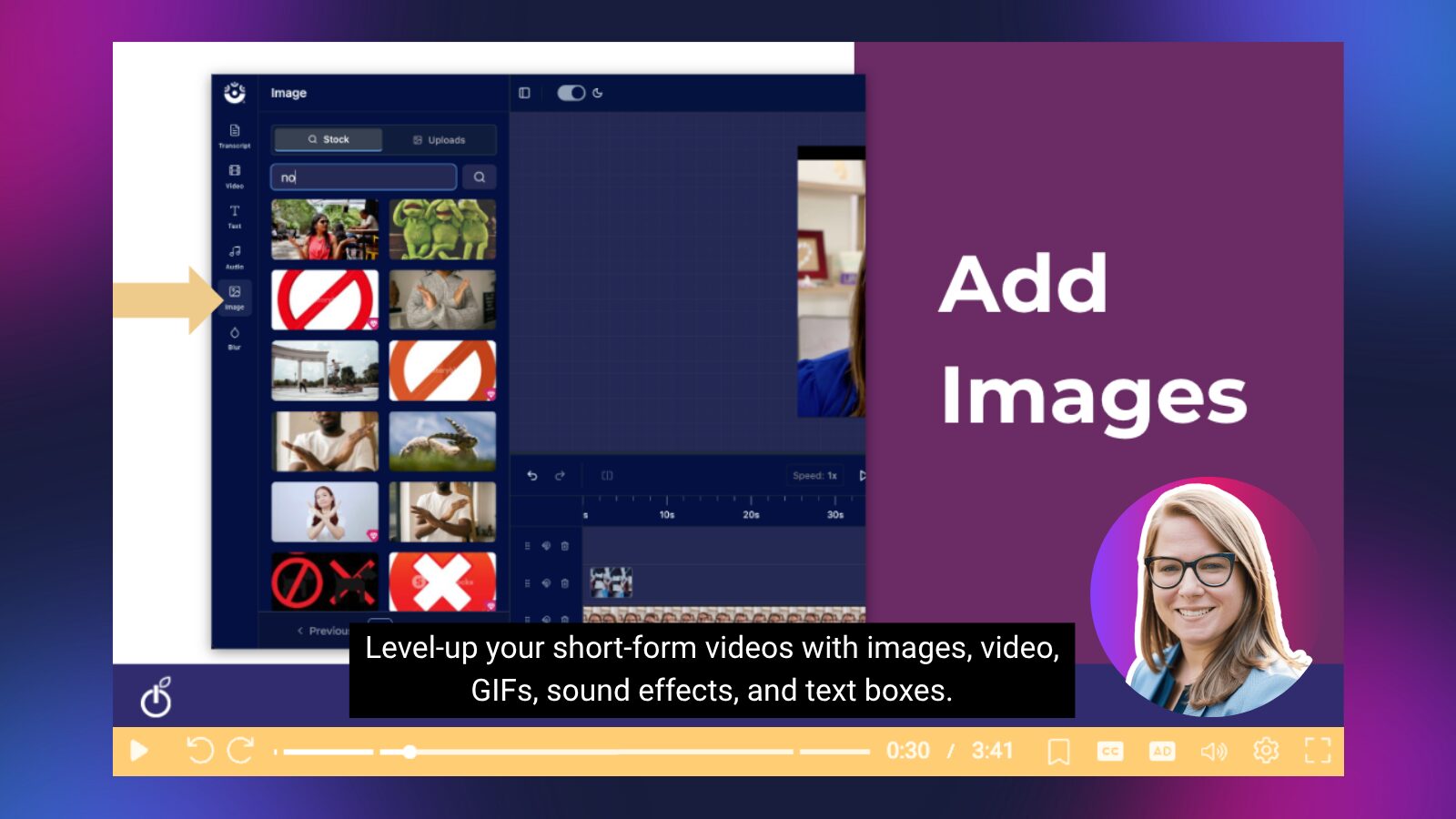 Short-form video editing screen showing ScreenPal tools for adding images, GIFs, sound effects, and text overlays to create more engaging educational videos.