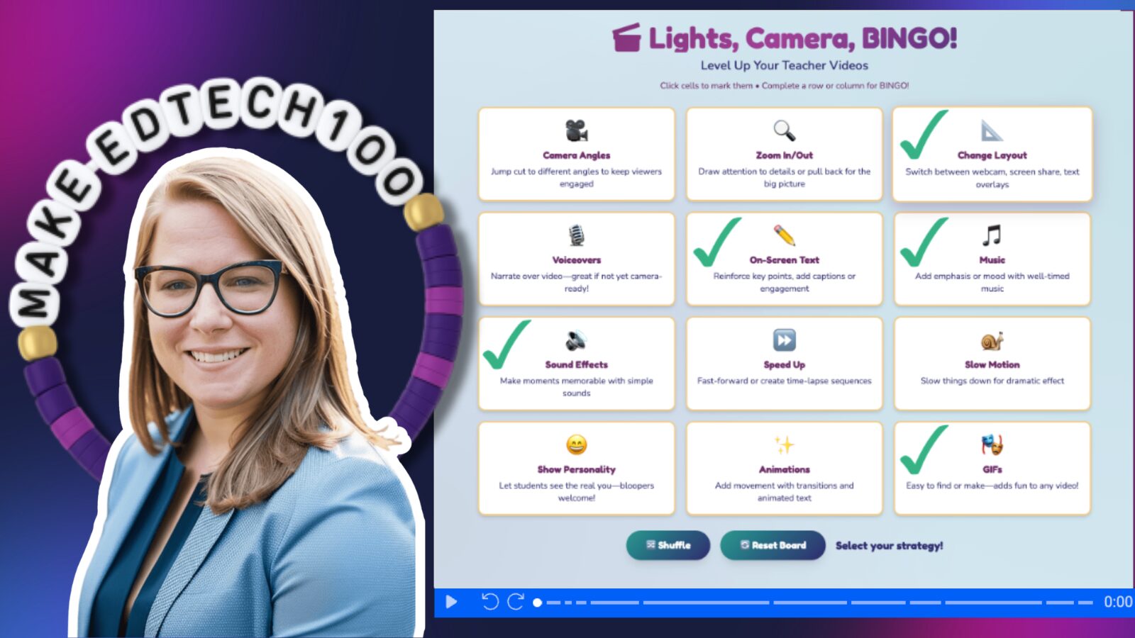 Short-form video strategy graphic featuring educator Lindy Hockenbary next to a “Lights, Camera, BINGO!” board highlighting creative video techniques like music, GIFs, sound effects, and on-screen text.