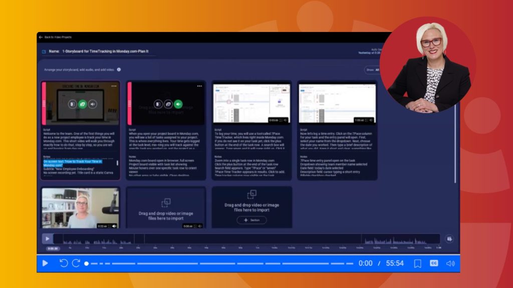 Screenshot from a webinar showing the ScreenPal storyboard editor for a project titled “Storyboard for TimeTracking in Monday.com – Plan It.” The interface displays multiple storyboard panels with video thumbnails, scripts, notes, and screen-recording segments arranged on a timeline. A presenter appears in a circular webcam overlay in the upper-right corner, smiling and seated at a desk. The webinar demonstrates how to build and organize a training storyboard, with video player controls visible at the bottom showing a total runtime of 55:54. The slide is framed by an orange-to-red gradient background with abstract design elements.