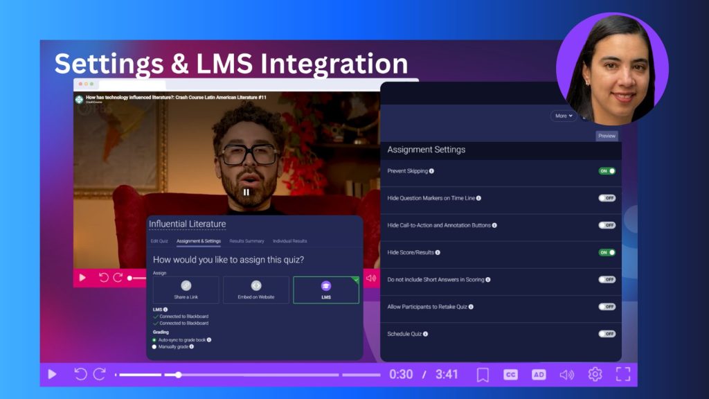 Screenshot demonstrating ScreenPal’s LMS integration and quiz settings, including Blackboard connection, gradebook syncing, prevent skipping, scoring options, and quiz assignment controls.