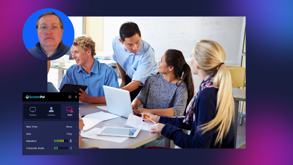 ScreenPal recorder interface alongside an instructor working with college students around a classroom table.