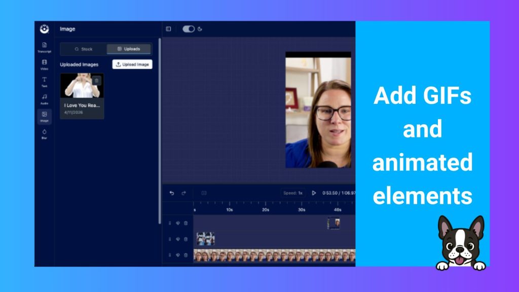 ScreenPal video editor demonstrating how to add GIFs and animated elements to create more engaging videos, with an uploaded image, presenter preview, and editing timeline visible.