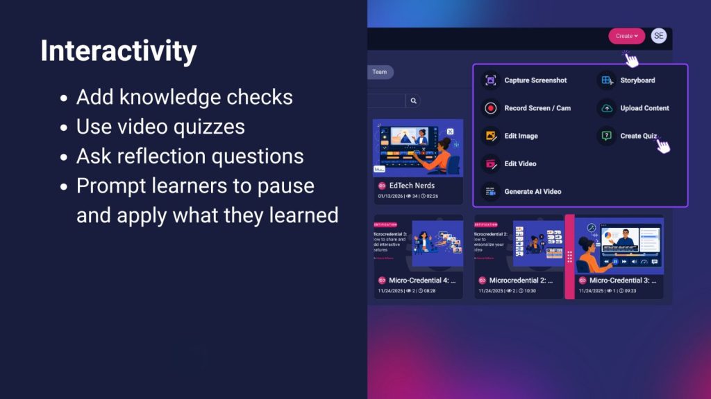 Online course interactivity in ScreenPal using knowledge checks, video quizzes, reflection questions, and prompts to help learners apply what they learn.