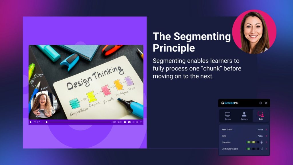 Slide explaining the Segmenting Principle, which helps learners process information in manageable chunks before moving to the next. A video example shows a “Design Thinking” diagram with a presenter overlay, while a ScreenPal recording panel demonstrates options for capturing the screen, camera, or both.