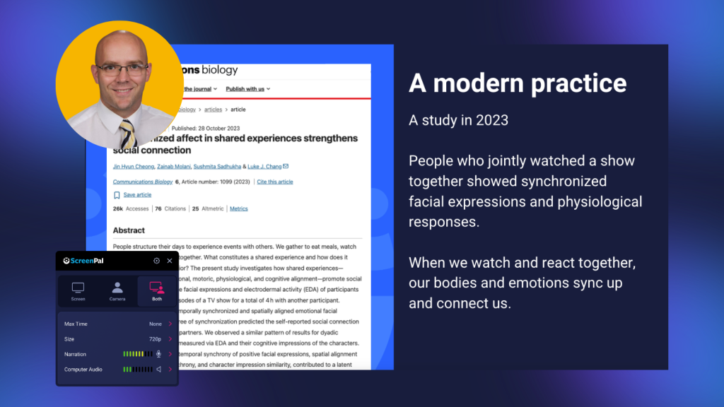 Slide highlighting research on shared viewing experiences and social connection alongside a ScreenPal recorder and a photo of Matt Miller.