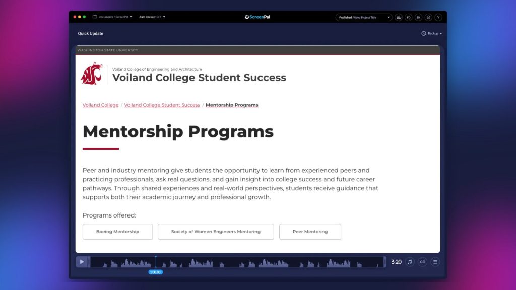 ScreenPal editor displaying Washington State University’s Voiland College Student Success webpage for Mentorship Programs. The page describes peer and industry mentorship and features Boeing Mentorship, Society of Women Engineers Mentoring, and Peer Mentoring programs.