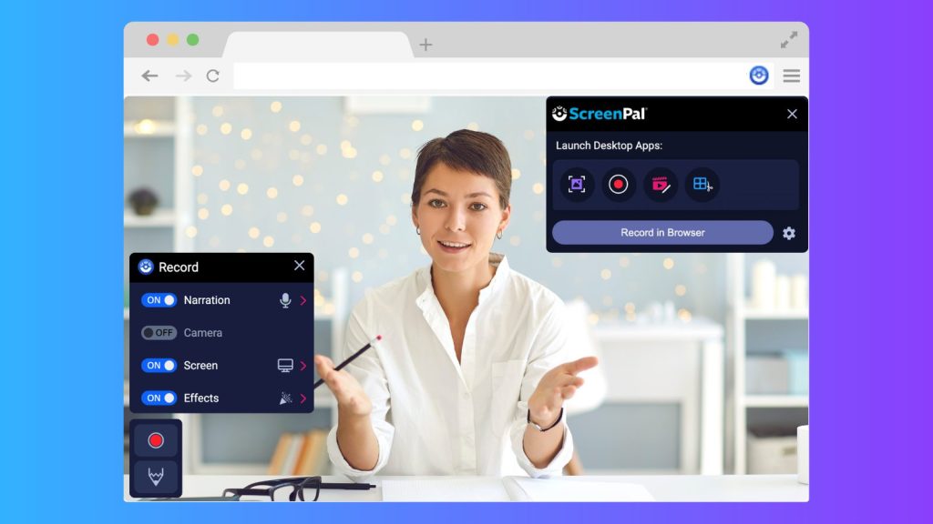ScreenPal recording interface over a browser window showing a presenter speaking on camera, with narration, screen capture, and effects controls enabled. The image illustrates using video for asynchronous communication, knowledge sharing, and mentorship.
