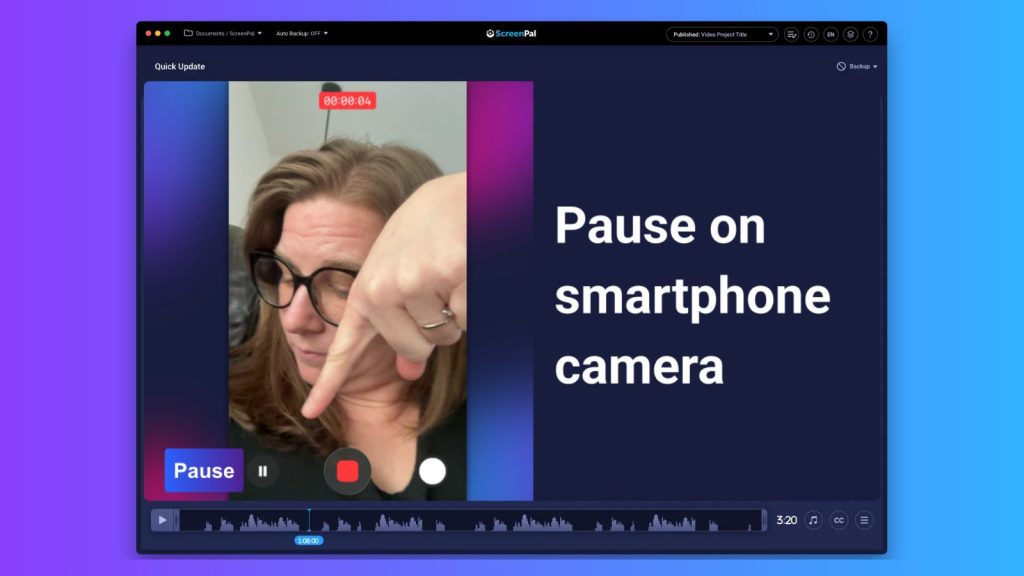 ScreenPal video editor showing a vertical smartphone recording of a presenter demonstrating how to pause the camera, with the text “Pause on smartphone camera” and a video timeline below.