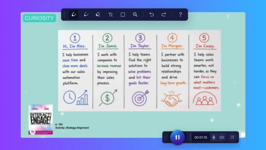 ScreenPal drawing tools displayed over a curiosity activity comparing five ways to introduce yourself and communicate your value.