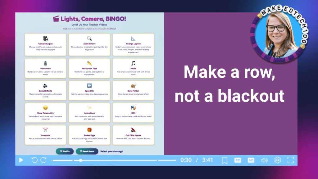 “Lights, Camera, BINGO!” board featuring 12 video engagement strategies, alongside the message “Make a row, not a blackout,” encouraging educators to choose a few techniques rather than use them all at once.