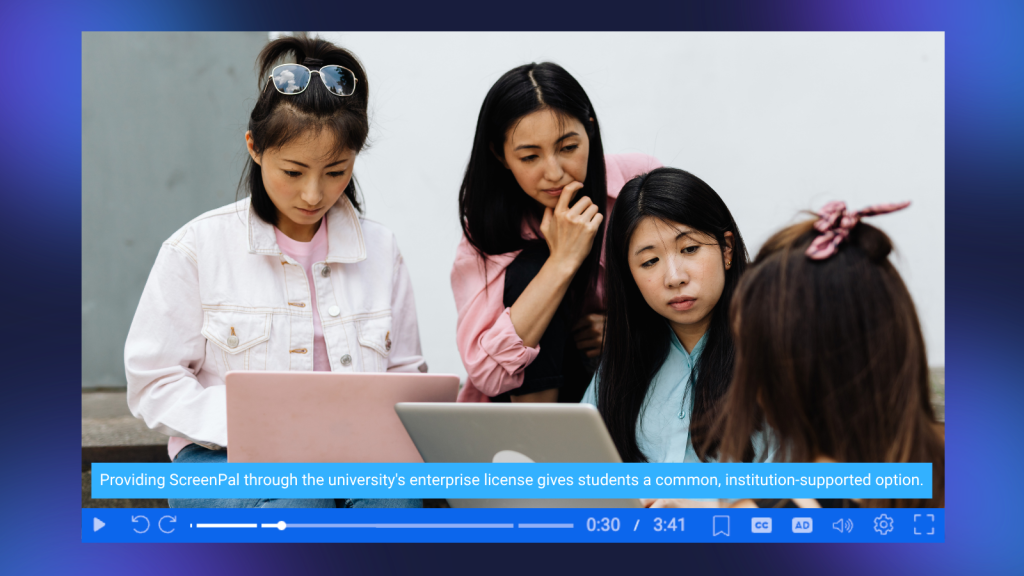 College students collaborating on laptops with a ScreenPal video player displaying captions and accessibility controls.