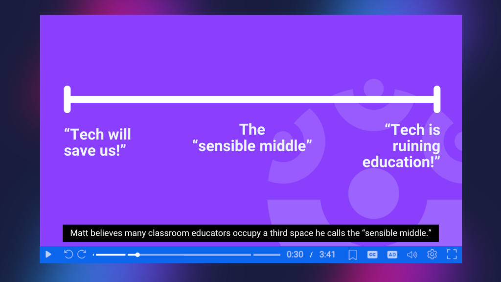 Graphic illustrating the screen time debate, with Matt Miller’s “sensible middle” positioned between the views that technology will save or ruin education.