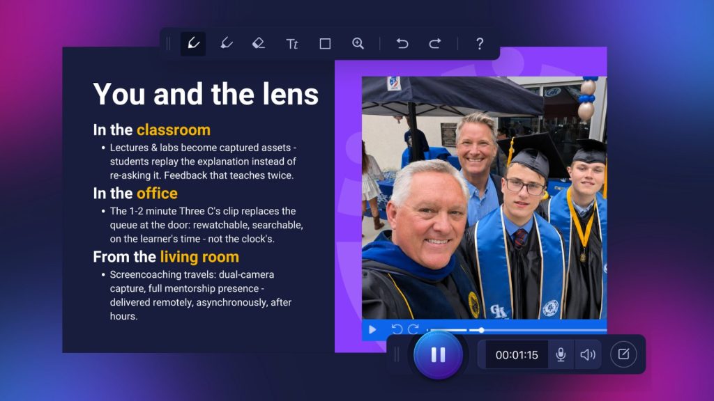 Slide titled “You and the lens” showing how video supports educators in the classroom, office, and living room through captured lessons, rewatchable clips, remote screencoaching, and feedback that extends learning. A graduation photo of an educator with students appears alongside ScreenPal recording and annotation controls.