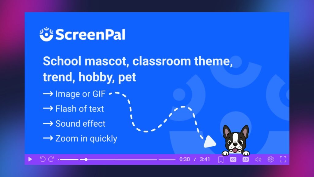 Engaging ScreenPal video slide suggesting Easter egg ideas based on a school mascot, classroom theme, trend, hobby, or pet, using images, GIFs, text, sound effects, and quick zooms.
