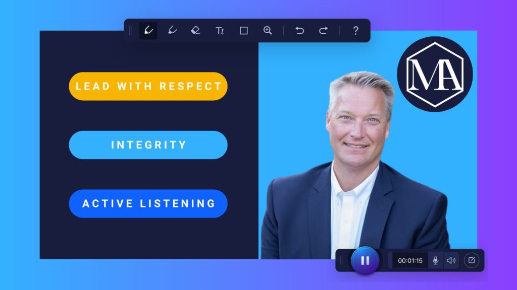 Mentorship slide featuring a smiling professional beside three core principles for becoming a better mentor or mentee: “Lead with Respect,” “Integrity,” and “Active Listening.” Mentorship Academy branding and ScreenPal annotation and recording controls are also visible.
