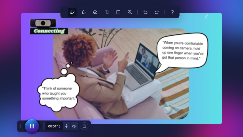 ScreenPal drawing tools highlight a reflection activity that invites participants to think of someone who taught them something important.