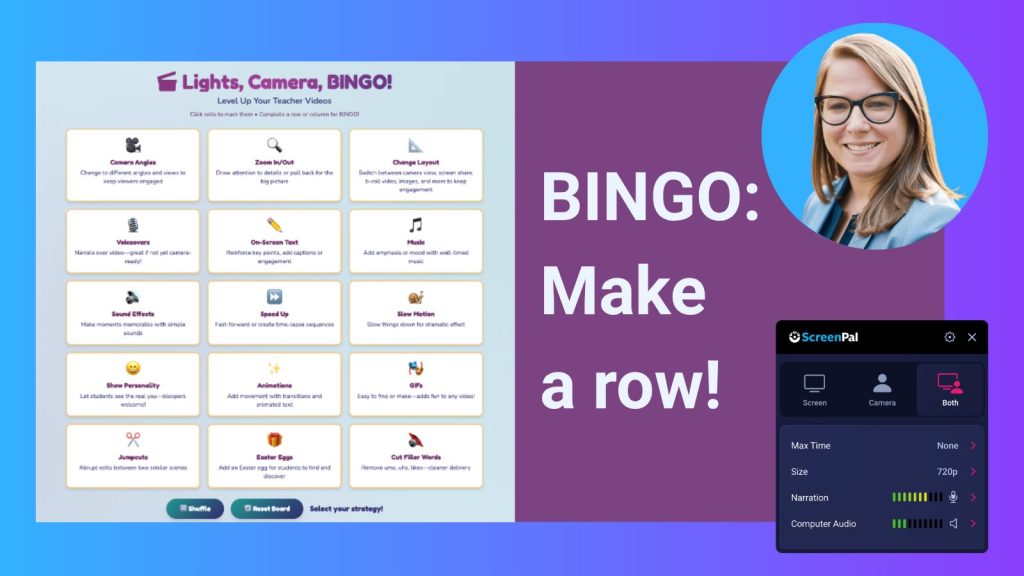 Engaging “Lights, Camera, BINGO!” activity featuring a bingo board of video creation strategies, alongside a presenter photo, “BINGO: Make a row!” prompt, and ScreenPal recording controls.