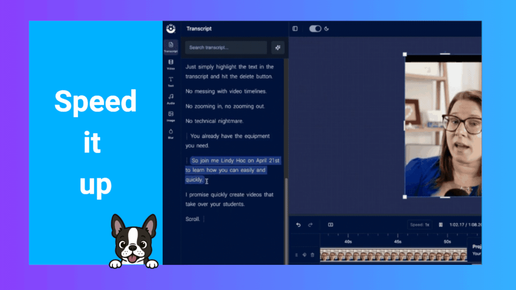 Animated GIF demonstrating how to speed up a video in ScreenPal, with transcript-based editing, a presenter preview, and the video timeline visible.