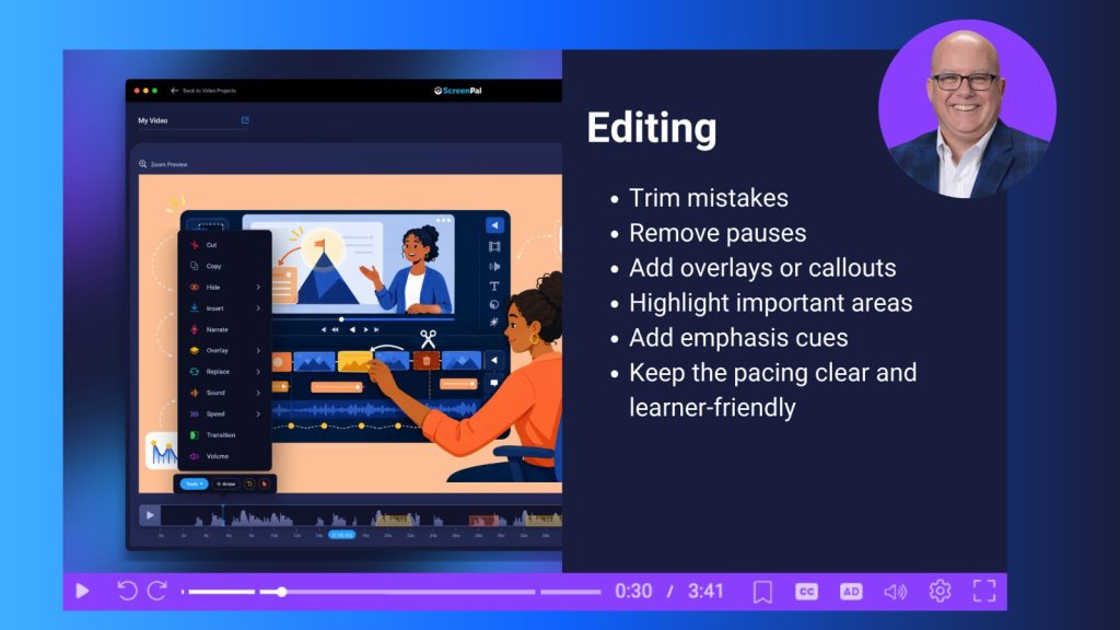 Online course video editing in ScreenPal, showing tools to trim mistakes, remove pauses, add overlays, highlight key areas, and improve pacing.