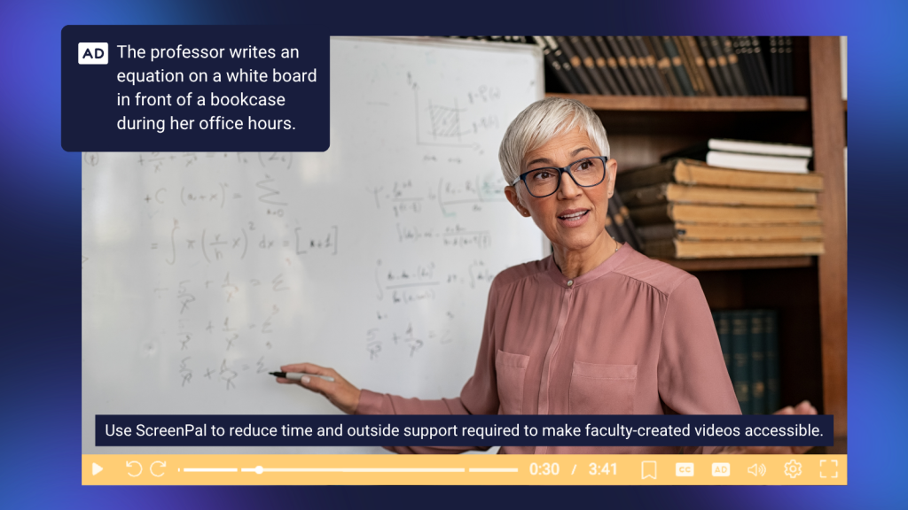 Accessible faculty-created video featuring captions and audio descriptions for an instructor explaining an equation.