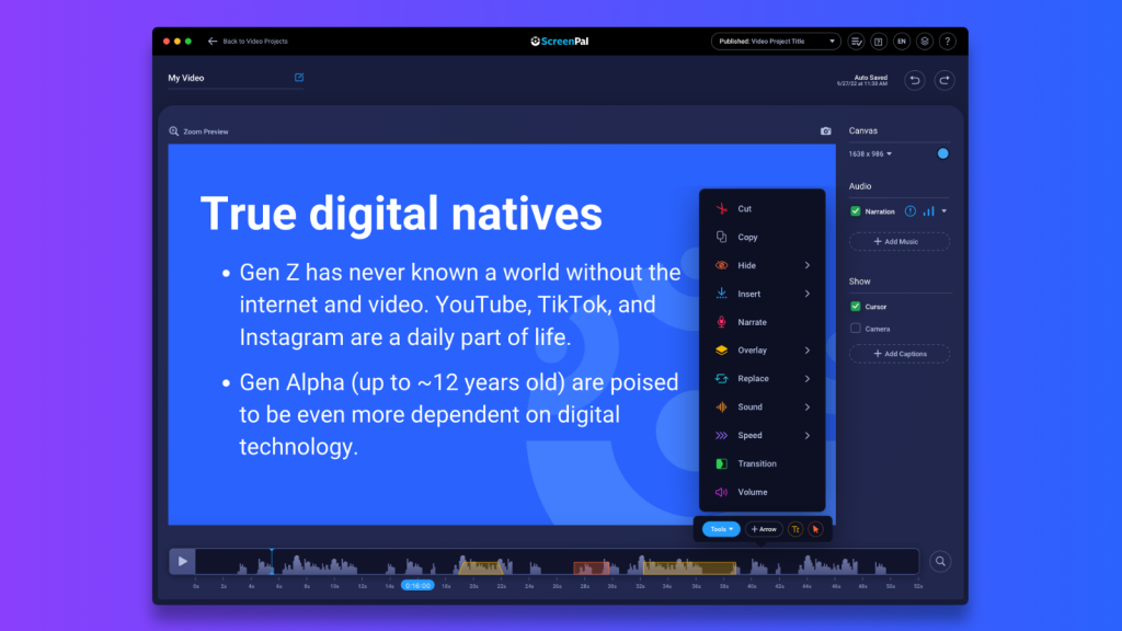 ScreenPal video editor displaying a slide about digital-native students and how video can turn screen time into a familiar learning experience.