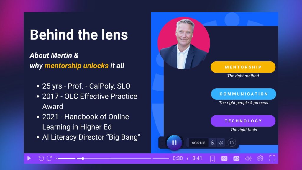 Slide titled “Behind the lens” introducing Martin, a 25-year Cal Poly SLO professor and award-winning online learning educator. A portrait of Martin appears beside three pillars—Mentorship, Communication, and Technology—emphasizing the right method, people and process, and tools for meaningful feedback and learning.