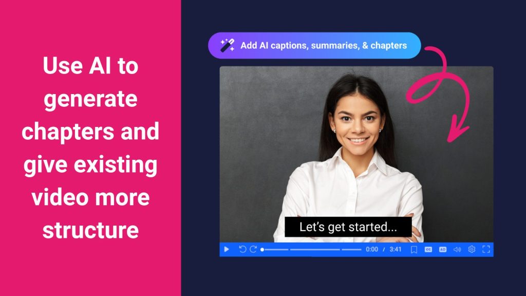 Graphic showing how AI can add captions, summaries, and chapters to give an existing micro-lesson video more structure, with a video player preview and “Let’s get started” caption.