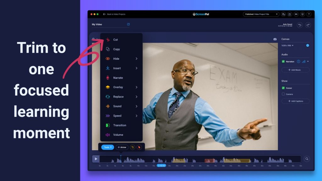 Graphic showing ScreenPal’s video editor with the Cut tool selected, demonstrating how to trim a video to one focused learning moment for a concise micro-lesson.