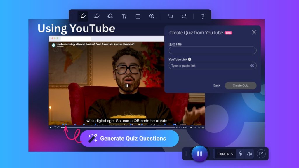 Screenshot showing ScreenPal’s YouTube quiz tool, demonstrating how to turn a video into an interactive micro-lesson by adding AI-generated quiz questions.