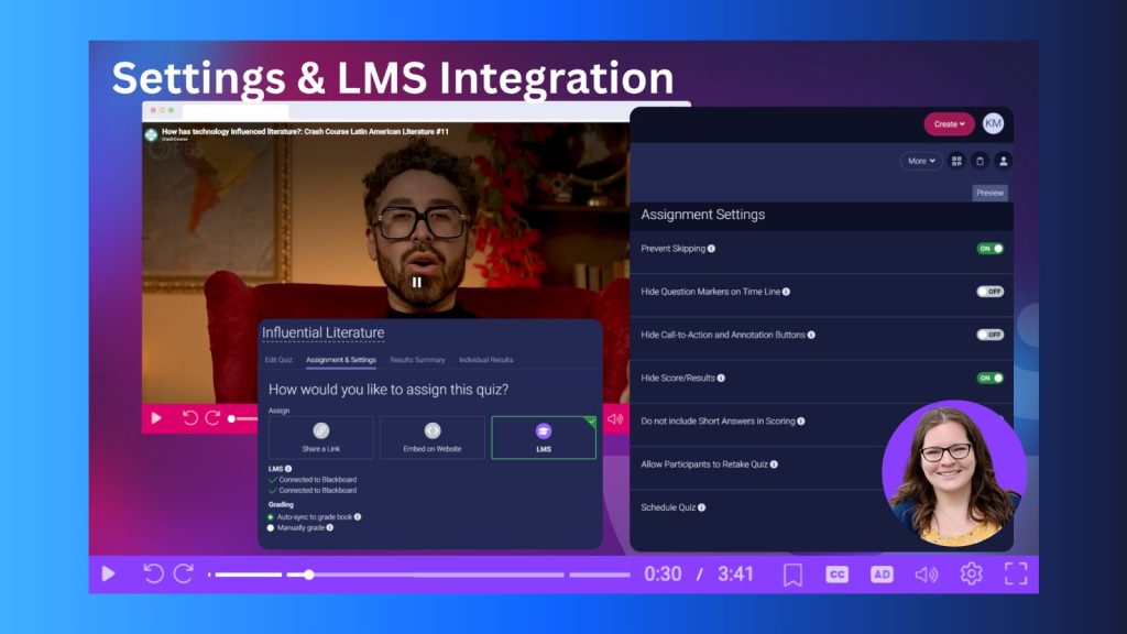 Screenshot showing ScreenPal’s LMS integration and assignment settings, demonstrating how to add an interactive micro-lesson to Blackboard with gradebook syncing, scoring, and quiz controls.