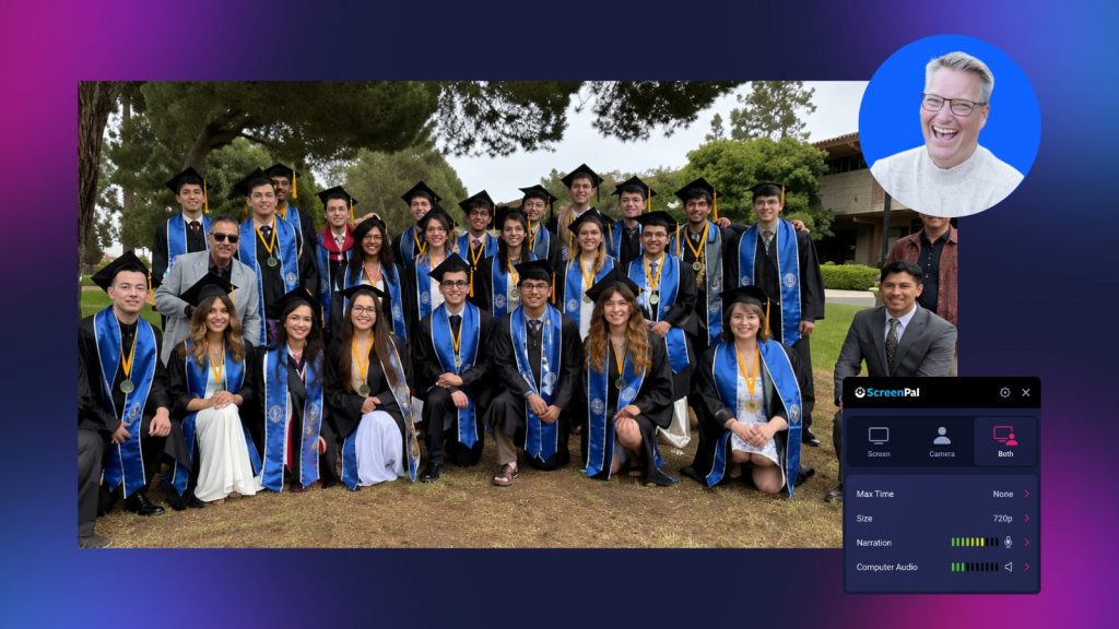 Group photo of graduating students in caps, gowns, medals, and blue stoles gathered outdoors with faculty and mentors. A portrait and ScreenPal recording controls overlay the image, highlighting how video can preserve shared experiences and extend mentorship beyond a single moment.