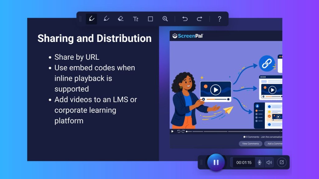 Online course sharing and distribution in ScreenPal using URLs, embed codes, and LMS or corporate learning platforms.