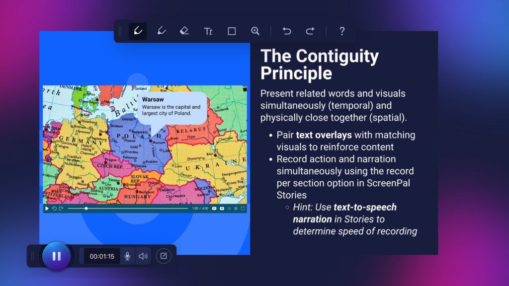 Slide explaining the Segmenting Principle for video editing, emphasizing breaking complex information into manageable chunks so learners can process one section before moving to the next. A design-thinking video with a presenter overlay appears beside ScreenPal recording controls for screen, camera, and combined capture.